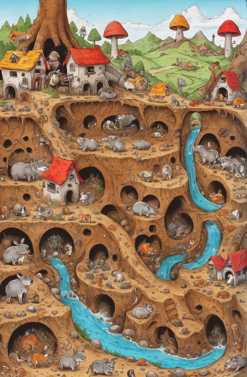 00023-bright colorful cartoon intricate animal village in a warren detailed cross section_20230813_101521.png